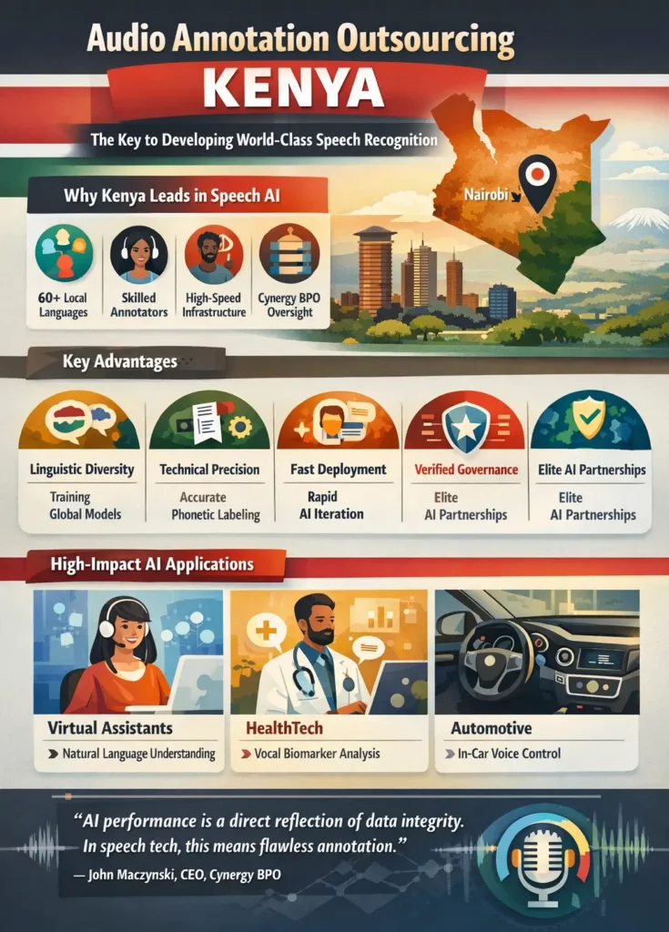 Infographic titled “Audio Annotation Outsourcing Kenya” highlighting key advantages such as linguistic diversity (60+ languages), skilled annotators, high-speed infrastructure, and governance oversight, along with AI applications in virtual assistants, HealthTech, and automotive voice systems, emphasizing Kenya’s role in building accurate and empathetic speech recognition technologies.