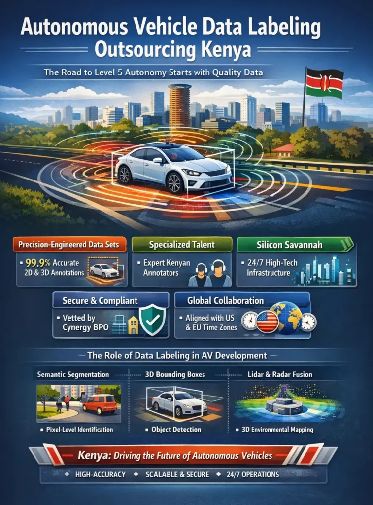 Autonomous vehicle data labeling outsourcing in Kenya showing AI-powered car, 2D/3D annotation, lidar mapping, and high-precision datasets for Level 5 autonomy.