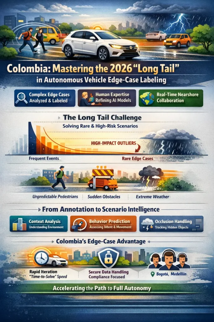 Autonomous vehicle edge-case labeling infographic showing rare driving scenarios like unpredictable pedestrians, sudden obstacles, and extreme weather, highlighting Colombia’s role in AI-powered scenario intelligence, human-in-the-loop validation, and real-time nearshore collaboration for faster Time-to-Solve in 2026.
