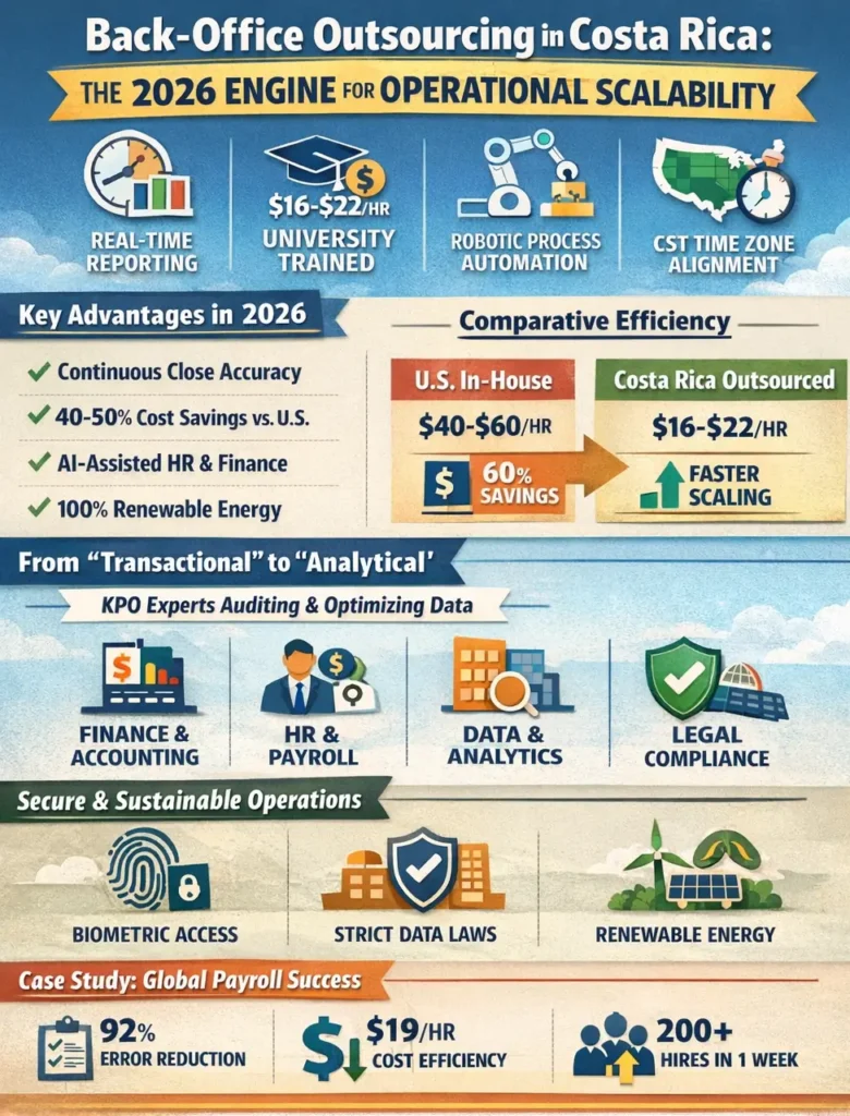 Back-office outsourcing in Costa Rica infographic showing $16–$22 hourly rates, 40–60% cost savings vs U.S., Continuous Close finance model, AI-driven automation, CST time-zone alignment, and secure renewable-powered operations.