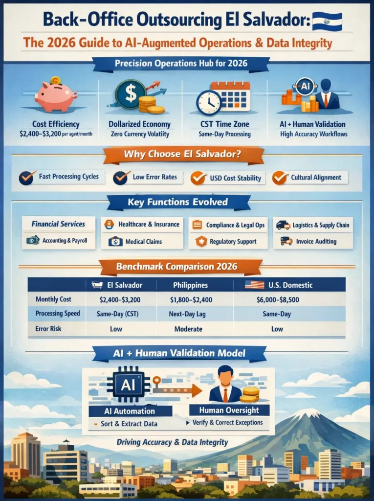 Back-office outsourcing in El Salvador infographic showing AI-augmented operations, $2,400–$3,200 monthly costs, same-day CST processing, and AI plus human validation for high-accuracy data workflows in 2026.