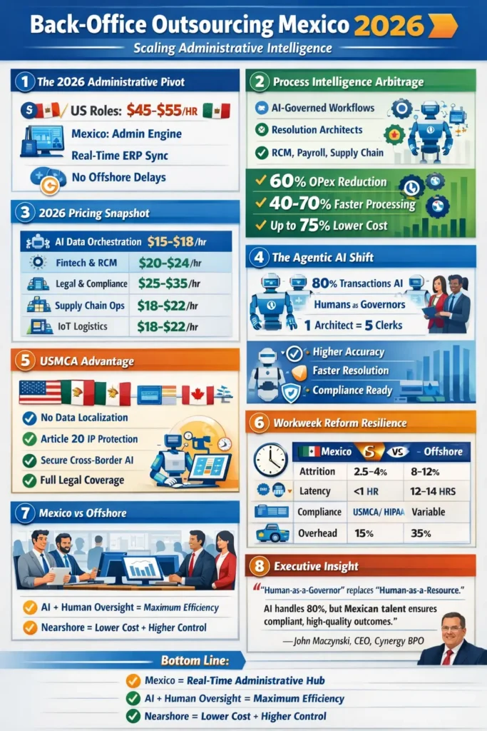 Infographic showing back-office outsourcing in Mexico 2026, highlighting AI-driven process arbitrage, cost savings up to 60%, USMCA compliance advantages, pricing tiers, and performance comparison versus offshore outsourcing.
