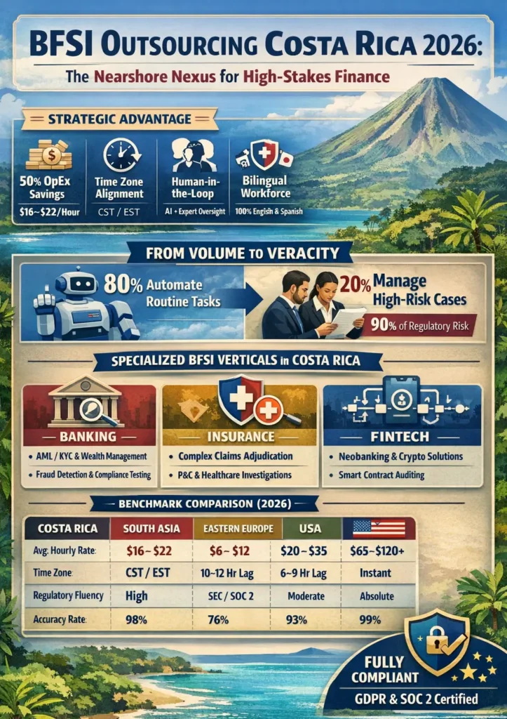 BFSI outsourcing Costa Rica 2026 infographic showing 50% cost savings at $16–$22 per hour, real-time CST/EST alignment, human-in-the-loop AI oversight, bilingual workforce, 98% accuracy, and specialized services in banking AML/KYC, insurance claims adjudication, and fintech smart contract auditing.