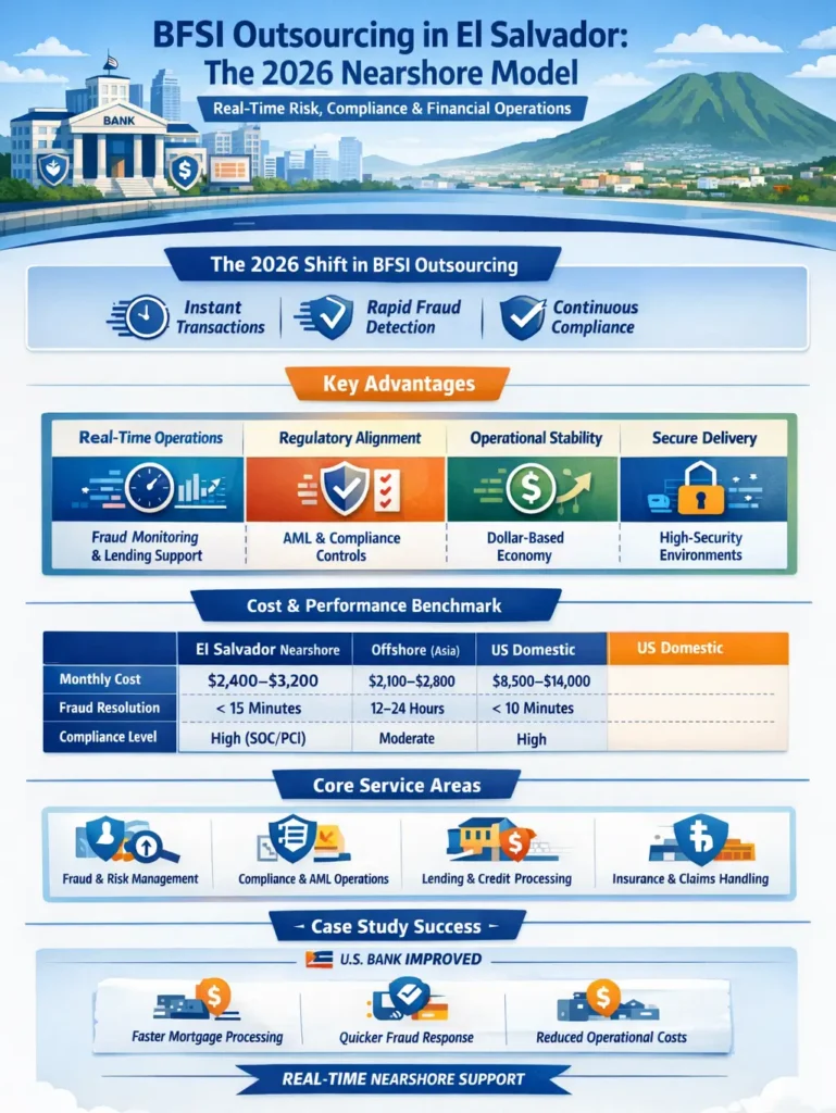 BFSI outsourcing in El Salvador infographic showing real-time risk management, AML compliance, fraud monitoring, cost benchmarks, and nearshore financial operations advantages for U.S. institutions in 2026.