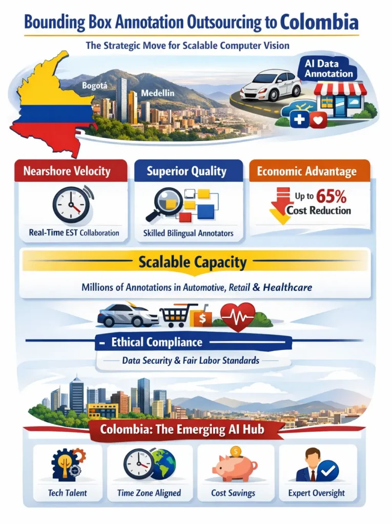 Infographic showing bounding box annotation outsourcing to Colombia, highlighting nearshore collaboration in EST time zone, skilled bilingual annotators, up to 65% cost savings, scalable AI data labeling capacity, and strong compliance standards across industries like automotive, retail, and healthcare.