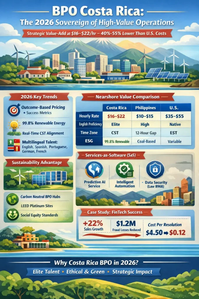 Infographic showing Costa Rica BPO in 2026 as a high-value nearshore hub with $16–$22 hourly rates, 40%–55% cost savings vs U.S., outcome-based pricing, multilingual talent, 99.8% renewable energy, and AI-driven services-as-software model with fintech case study results.