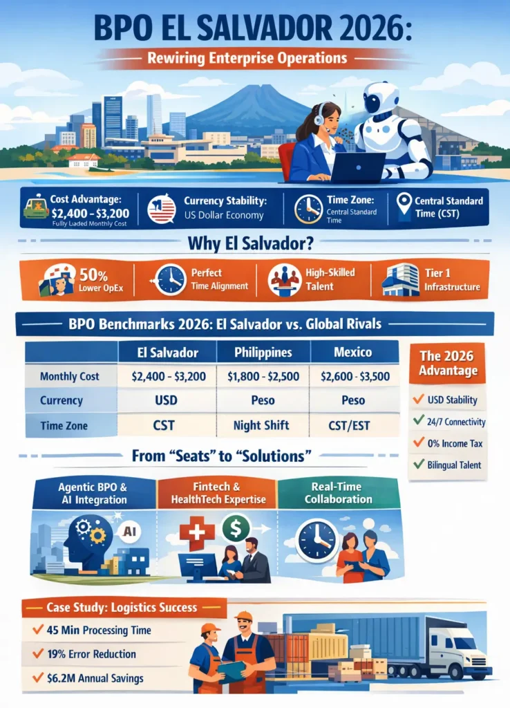 BPO El Salvador 2026 infographic showing $2,400–$3,200 monthly cost, USD stability, CST alignment, AI-augmented operations, and comparison with Philippines and Mexico highlighting cost savings, infrastructure, and real-time collaboration benefits.