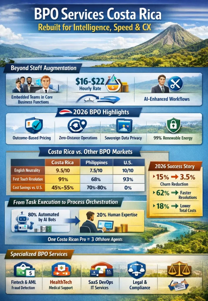 Infographic showing Costa Rica BPO services in 2026, highlighting $16–$22 hourly rates, AI-driven process orchestration, outcome-based pricing, 99% renewable energy, and performance gains in resolution speed, churn reduction, and cost efficienc
