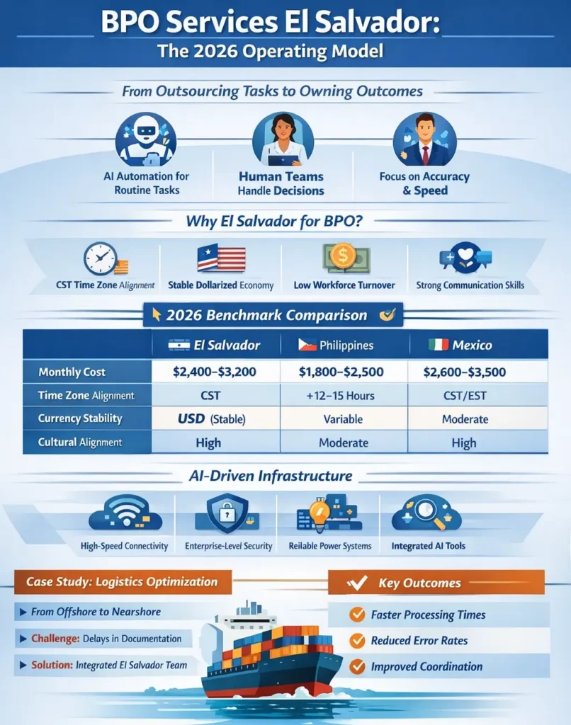 Infographic showing the 2026 BPO services model in El Salvador, highlighting AI-augmented workflows, integrated operations, cost benchmarks ($2,400–$3,200/month), CST alignment, and improved outcomes like faster processing and reduced errors.