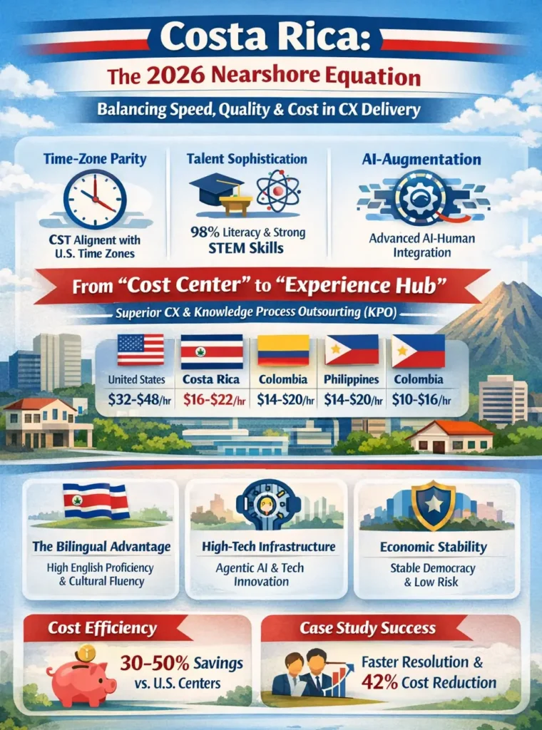 Costa Rica call center outsourcing infographic showing 2026 nearshore advantages including CST time-zone alignment, bilingual talent, Agentic AI integration, cost comparison ($16–$22/hr), and 30–50% savings vs U.S. with improved CX performance.