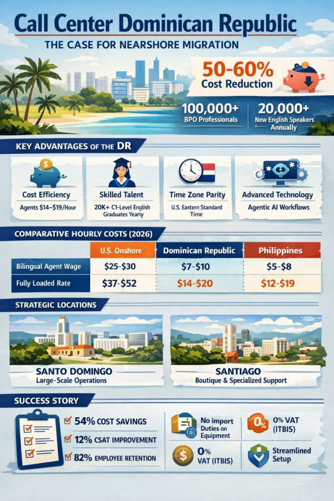 Infographic highlighting the Dominican Republic as a nearshore call center hub in 2026, showcasing 50–60% cost savings, $14–$19 hourly agent rates, 100,000+ BPO workforce, tax-free incentives under Law 8-90, and a comparison of operational costs versus U.S. onshore and offshore markets like the Philippines.