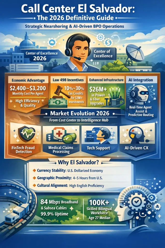 Infographic showing Call Center El Salvador 2026 overview including $2,400–$3,200 monthly agent cost, Law 498 tax incentives, AI-driven BPO operations, 100K+ bilingual workforce, 84 Mbps infrastructure, and nearshore advantages like U.S. dollarization and CST alignment.