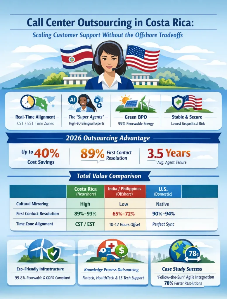 Call center outsourcing in Costa Rica infographic showing 40% cost savings, 89–93% first contact resolution, CST/EST time alignment, bilingual super agents, and ESG-friendly 99% renewable infrastructure.
