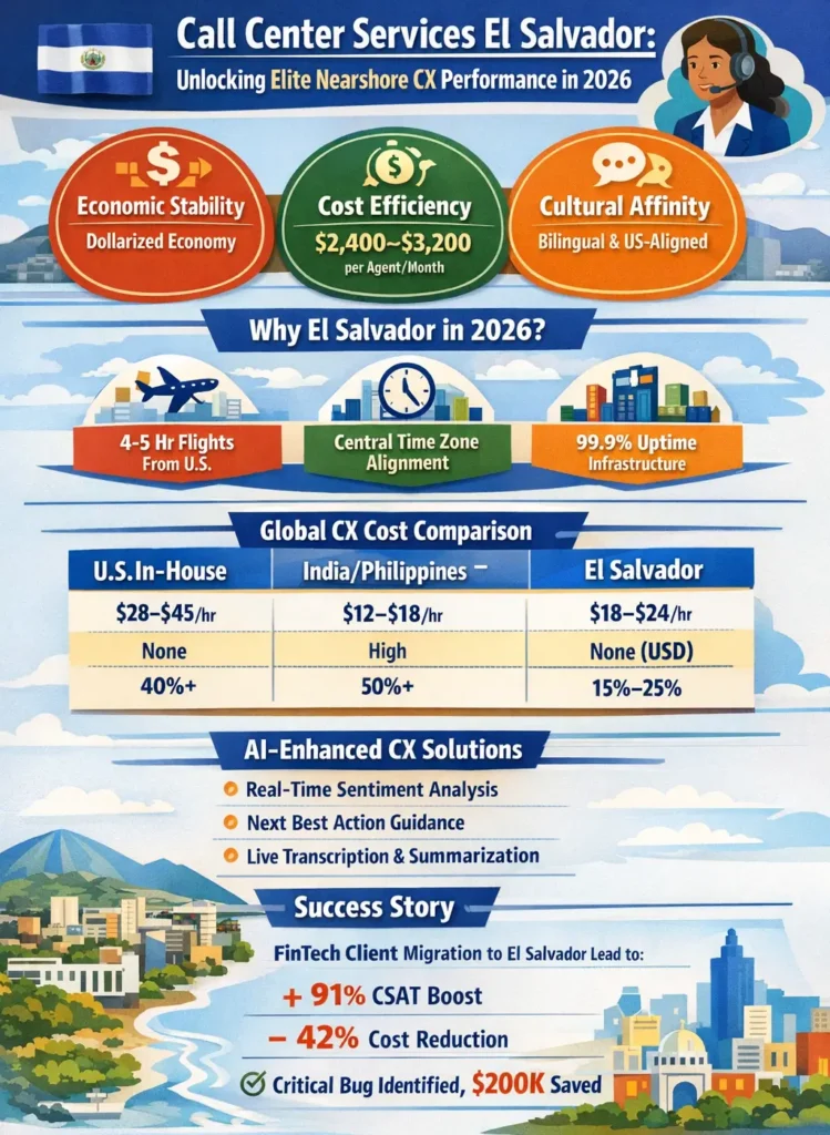 Infographic showing call center outsourcing in El Salvador for 2026, highlighting 45% cost savings, AI-augmented “Super Agents,” US dollarized economy, CST time zone alignment, bilingual workforce, advanced infrastructure, and comparison with Philippines and Colombia.