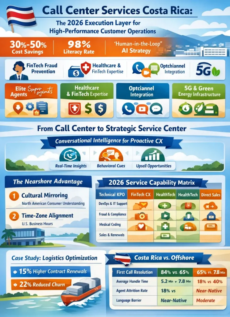 Call Center Services Costa Rica infographic showing 30–50% cost savings, 98% literacy rate, Human-in-the-Loop AI strategy, optichannel CX delivery, and performance comparison with offshore models including higher FCR, lower AHT, and reduced attrition.