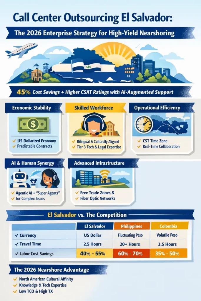 Infographic showing El Salvador call center services in 2026, highlighting $2,400–$3,200 monthly costs, 35–50% savings vs US, AI-powered “Super Agents,” 99.9% uptime infrastructure, CST time zone alignment, and a fintech case study achieving 91% CSAT and 42% cost reduction.