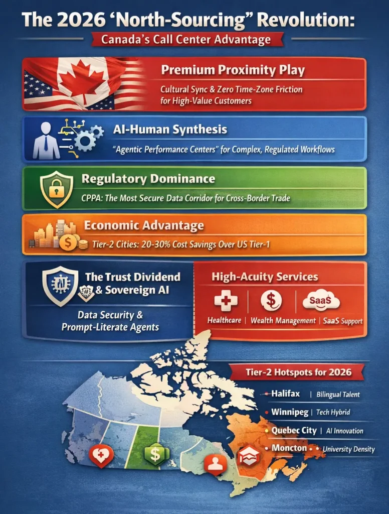 Infographic summarizing Canada’s 2026 call center outsourcing advantage, highlighting premium proximity to the US, Agentic AI-human orchestration, CPPA-driven data sovereignty, 20–30% cost efficiency, key verticals like fintech, healthcare, SaaS, and insurance, and Tier-2 regional strengths across New Brunswick, Manitoba, Nova Scotia, and Quebec.