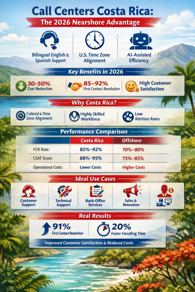 Call centers in Costa Rica infographic showing bilingual support, U.S. time-zone alignment, AI-assisted operations, 30–50% cost savings, and higher FCR (85–92%) and CSAT (88–95%) compared to offshore models.