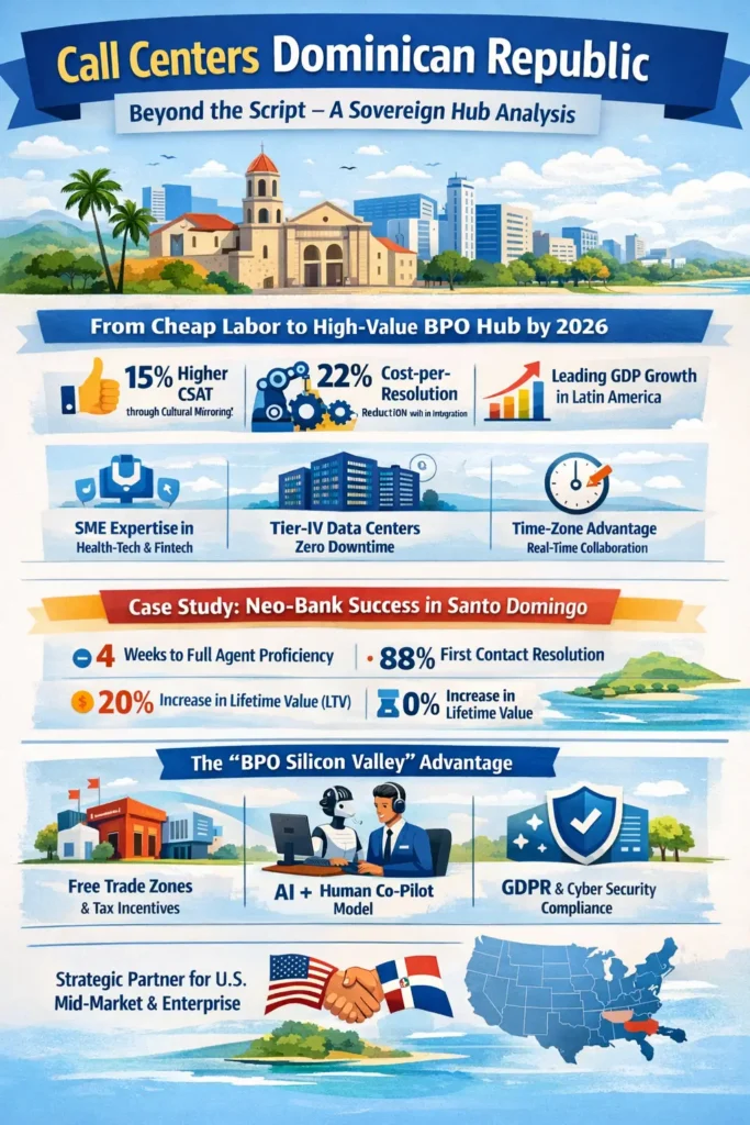 Infographic showing the Dominican Republic as a high-value call center hub in 2026, highlighting 15% higher customer satisfaction, 22% lower cost-per-resolution, SME talent in fintech and healthcare, Tier-IV data centers, time-zone alignment with the U.S., and AI-human co-pilot workflows driving operational efficiency.