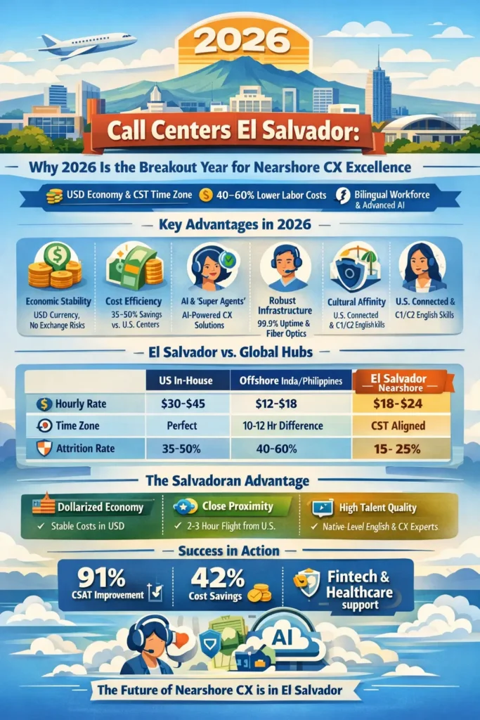 Call Centers El Salvador 2026 infographic showing cost savings, AI-powered super agents, CST time zone alignment, USD economy stability, infrastructure reliability, and nearshore CX advantages vs US and offshore hubs.