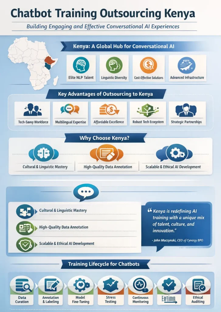 Infographic titled “Chatbot Training Outsourcing Kenya” illustrating key advantages such as skilled NLP talent, multilingual expertise, cost-effective AI solutions, robust infrastructure, and a step-by-step chatbot training lifecycle including data curation, annotation, fine-tuning, testing, monitoring, and ethical auditing.