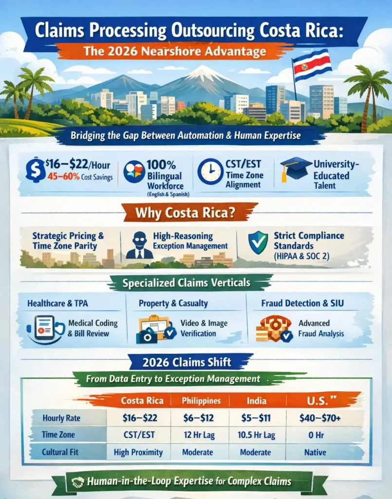 Claims processing outsourcing in Costa Rica infographic showing $16–$22 hourly rates, 45–60% cost savings, bilingual talent, time-zone alignment, high-reasoning exception handling, and AI-supported touchless adjudication benefits.