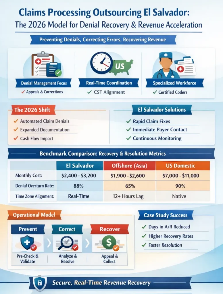 Claims processing outsourcing in El Salvador infographic showing denial recovery workflows, real-time payer coordination, cost comparison, and revenue cycle acceleration model for 2026.