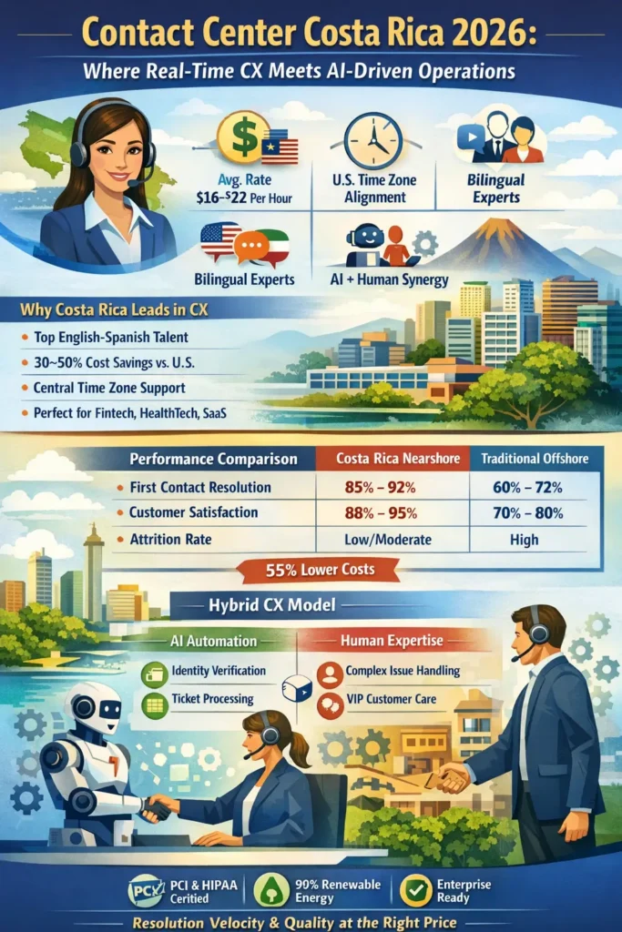 Contact center outsourcing in Costa Rica infographic showing $16–$22 hourly rates, bilingual English-Spanish agents, CST time-zone alignment, AI-human hybrid CX model, and performance metrics including 85–92% FCR and 88–95% CSAT compared to offshore alternatives.