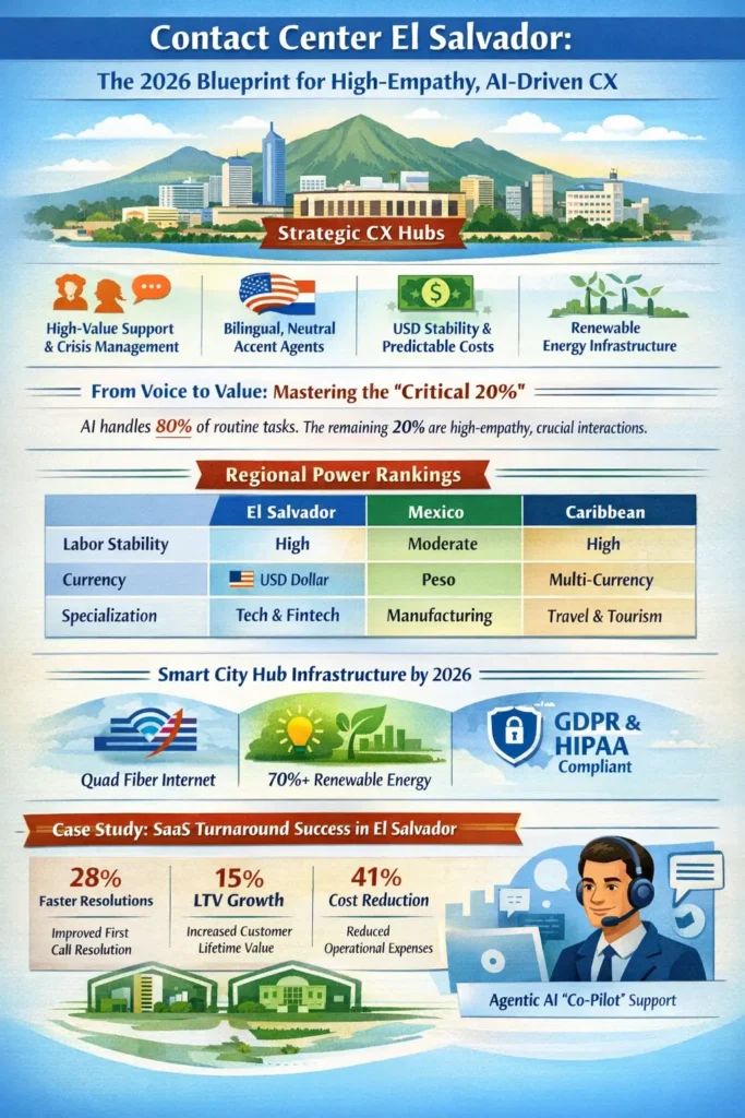 Infographic showing El Salvador contact centers in 2026 as AI-driven CX hubs with 45% cost reduction, bilingual agents, USD stability, smart infrastructure, and a case study highlighting 28% faster resolution, 15% LTV growth, and 41% cost savings.