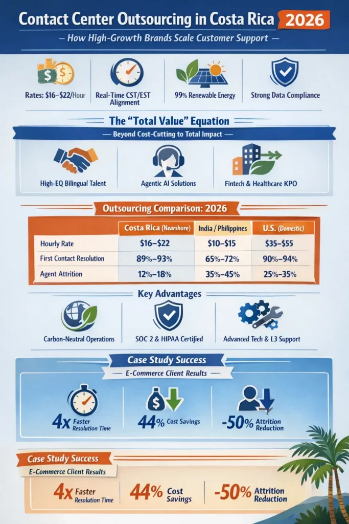 Infographic showing how contact center outsourcing in Costa Rica helps high-growth brands scale customer support in 2026, highlighting $16–$22 hourly rates, real-time CST/EST alignment, 99% renewable energy, high first-contact resolution (89–93%), and reduced attrition compared to offshore models.