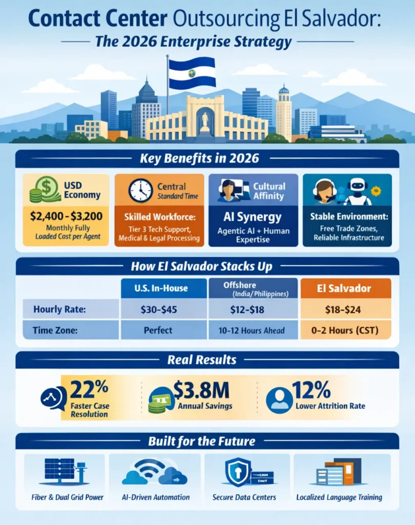 Infographic showing contact center outsourcing in El Salvador for 2026, highlighting $2,400–$3,200 monthly agent costs, USD-based economy, CST time zone alignment, AI-human synergy, nearshore comparison vs US and offshore, and results including 22% faster resolution, $3.8M savings, and lower attrition.