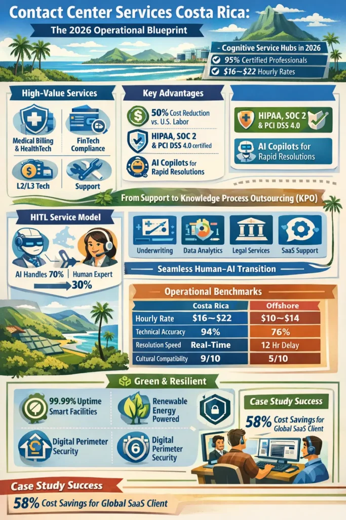 Infographic showing Costa Rica contact center services in 2026 as cognitive service hubs, highlighting $16–$22 hourly rates, 95% certified workforce, AI copilots, HITL model, KPO services, real-time CST alignment, compliance (HIPAA, SOC2, PCI DSS), and 58% cost savings vs U.S. operations.