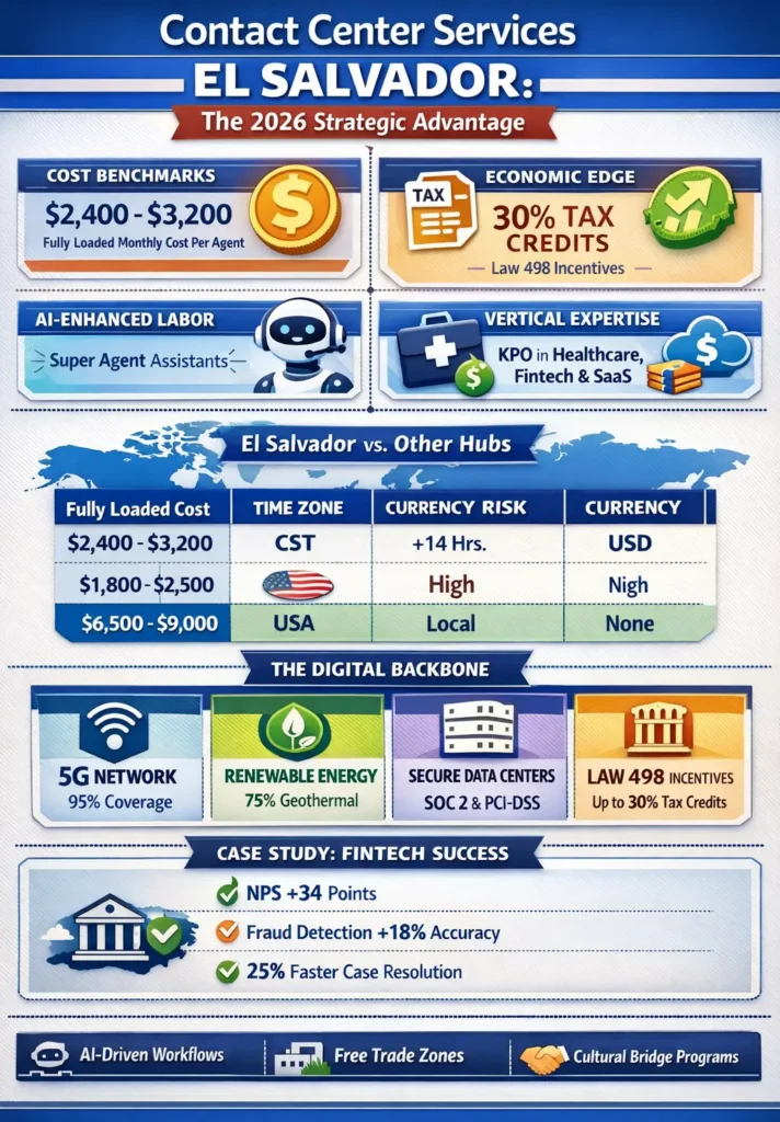 Infographic showing how contact center services in El Salvador deliver 50% cost savings with Agentic AI, $2,400–$3,200 monthly agent costs, tax incentives under Law 498, and superior CX performance versus offshore and onshore models.