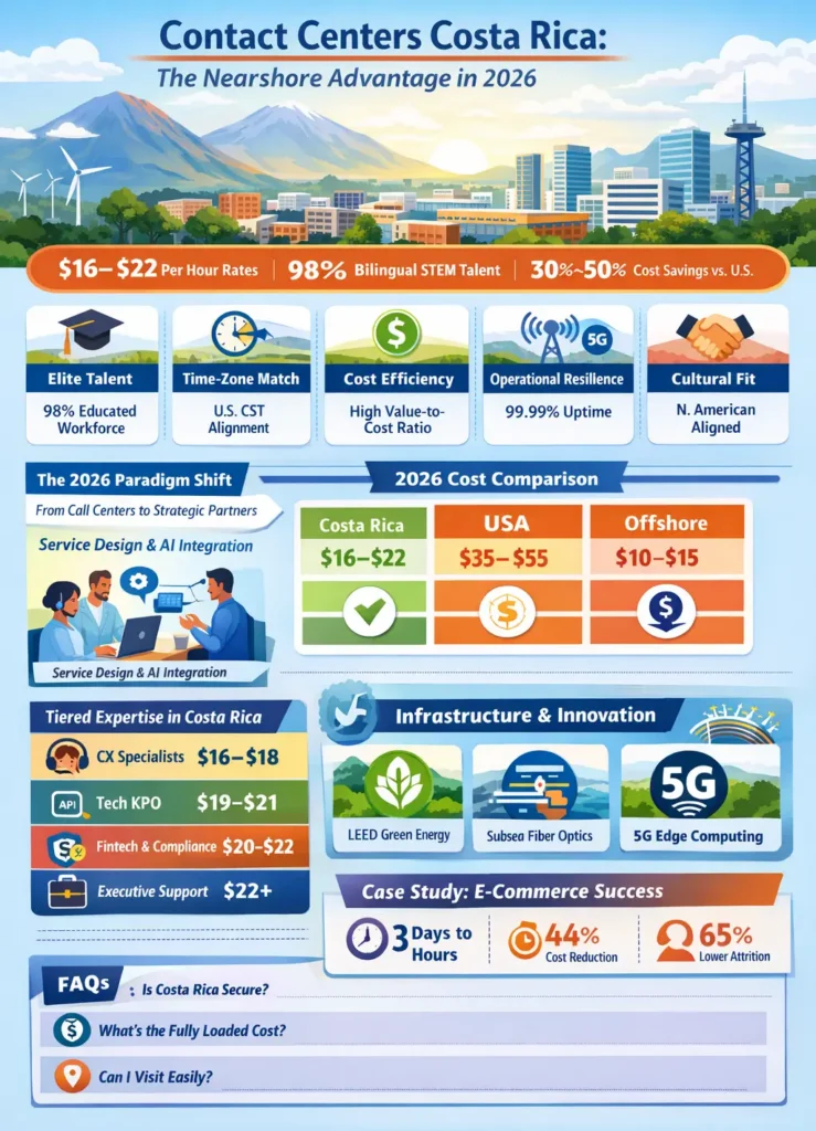 Contact centers in Costa Rica infographic showing $16–$22 hourly rates, bilingual STEM talent, 30–50% cost savings vs U.S., real-time CST alignment, AI-driven CX operations, tiered service roles, and 99.99% uptime infrastructure.