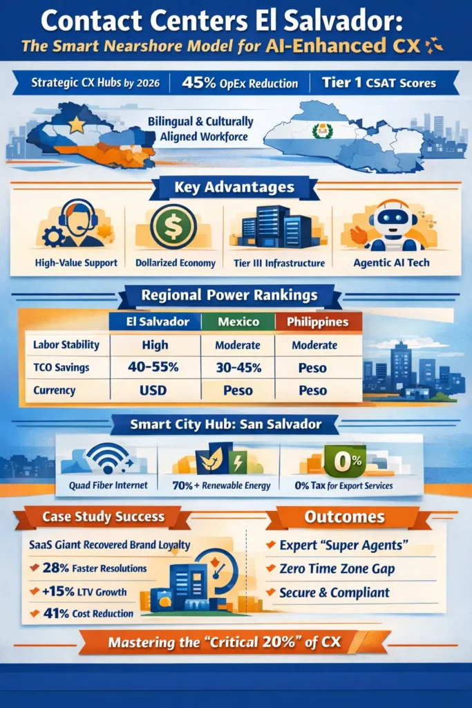 Infographic showing El Salvador contact centers as AI-enhanced nearshore CX hubs with 45% cost savings, bilingual workforce, dollarized economy, and Agentic AI integration driving high CSAT and resolution velocity.
