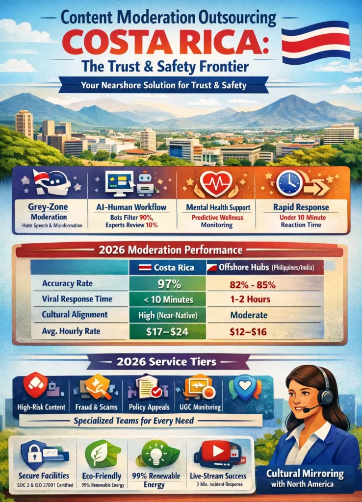 Infographic showing content moderation outsourcing in Costa Rica, highlighting 97% accuracy rates, under 10-minute response times, AI-human hybrid workflows, $17–$24 hourly rates, and specialized trust and safety service tiers for high-risk and policy review content.