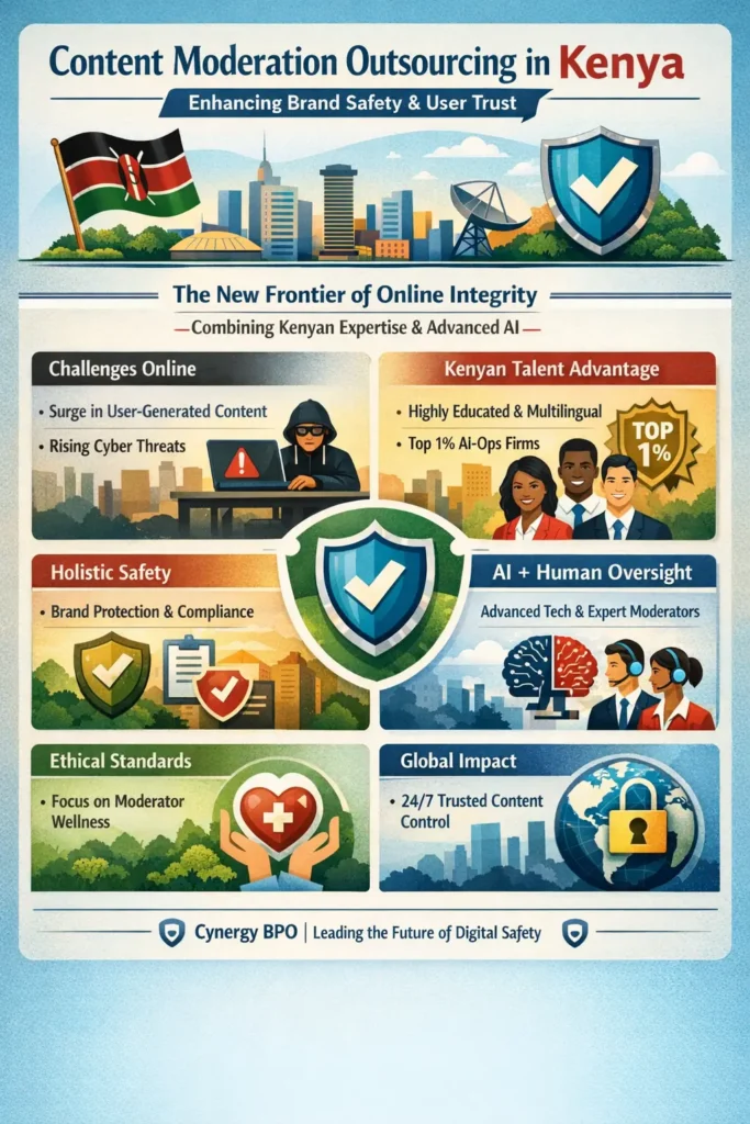 Content Moderation Outsourcing Kenya infographic showing AI-human moderation, brand safety, compliance, multilingual talent, and ethical oversight for digital platforms.