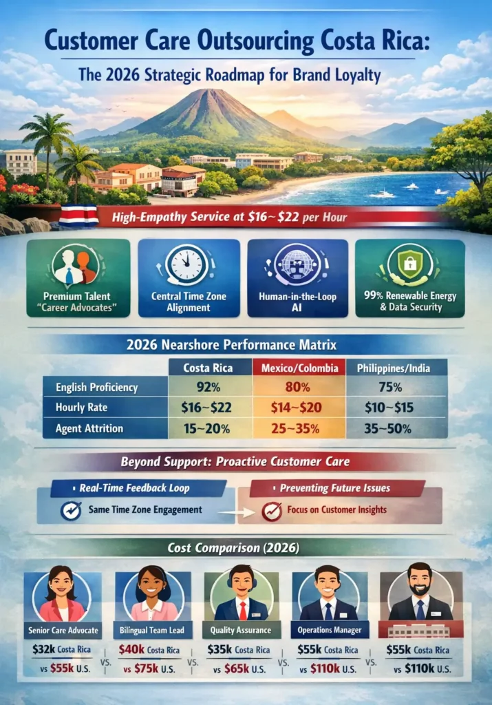 Customer care outsourcing Costa Rica infographic showing high-empathy CX model, $16–$22 hourly rates, Agentic AI human-in-the-loop workflows, performance comparison vs offshore, and cost savings up to 50% for U.S. brands.