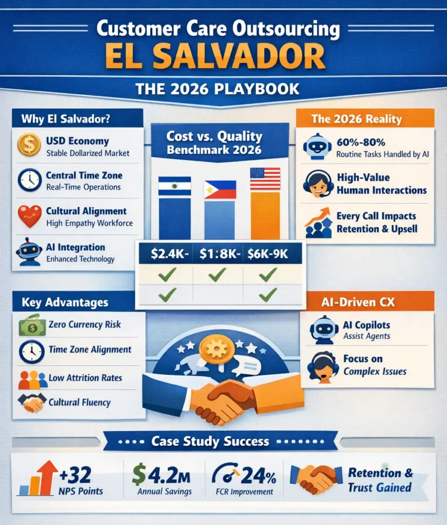 Customer care outsourcing in El Salvador infographic showing 2026 nearshore CX model with $2,400–$3,200 agent costs, AI-augmented support, high-empathy workforce, CST alignment, and case study results including +32 NPS and $4.2M savings