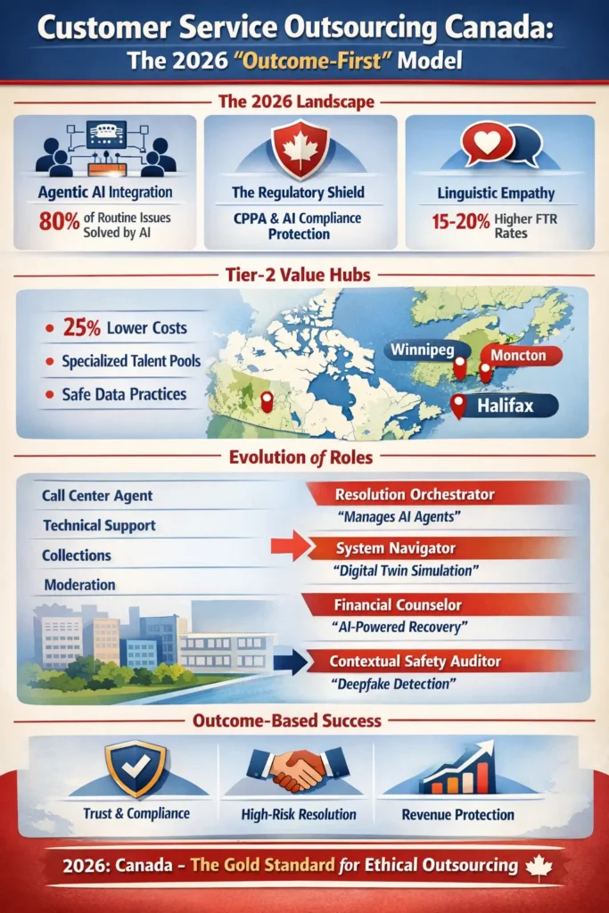 Customer Service Outsourcing Canada 2026 infographic showing Agentic AI integration, CPPA regulatory protection, higher first-touch resolution from linguistic empathy, and Tier-2 outsourcing hubs like Winnipeg, Moncton, and Halifax with outcome-based CX roles.