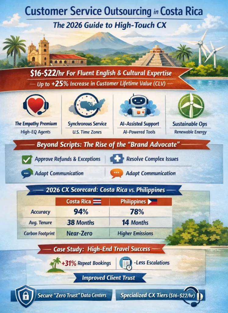 Customer Service Outsourcing Costa Rica infographic showing $16–$22 hourly rates, high-empathy bilingual agents, AI-assisted support, real-time U.S. time zone alignment, and CX performance comparison vs Philippines with higher accuracy, lower escalation rates, and longer agent tenure.