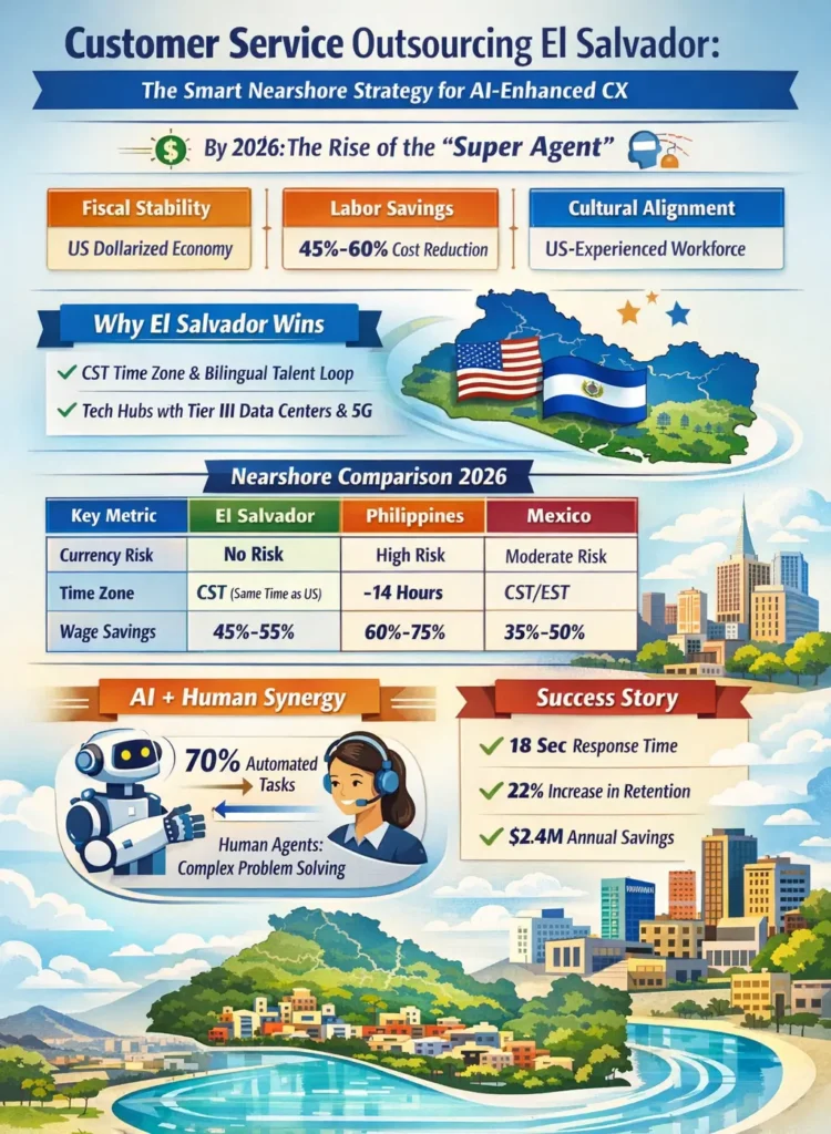 Customer Service Outsourcing El Salvador infographic showing 45–60% cost savings, US-dollarized economy stability, CST time-zone alignment, AI-human “Super Agent” model, and nearshore comparison with Philippines and Mexico.