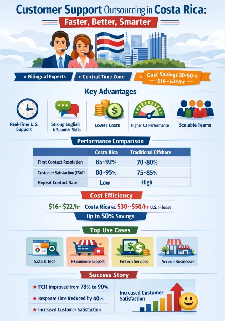 Infographic showing customer support outsourcing in Costa Rica, highlighting bilingual agents, Central Time Zone alignment, $16–$22 hourly rates, 30–50% cost savings, higher first contact resolution (85–92%), improved customer satisfaction (88–95%), and scalable support teams for SaaS, ecommerce, fintech, and service businesses.