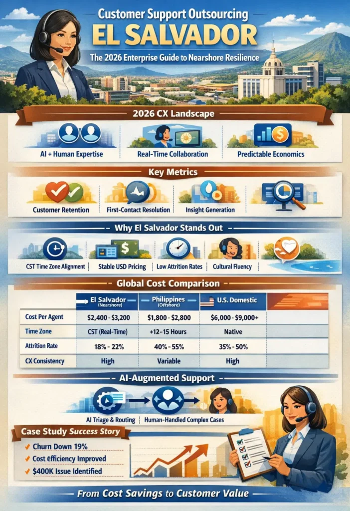 Infographic showing customer support outsourcing in El Salvador for 2026, highlighting $2,400–$3,200 monthly agent costs, 35%–50% savings, AI-human support model, CST time zone alignment, low attrition rates, and improved customer retention and first-contact resolution compared to offshore and U.S. operations.