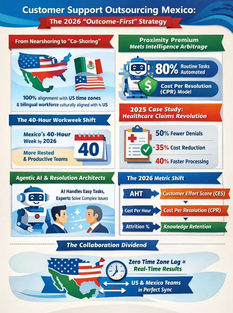 Infographic showing the 2026 evolution of customer support outsourcing to Mexico, highlighting co-shoring with US time-zone alignment, Agentic AI automating 80% of tasks, the shift to cost-per-resolution pricing, a healthcare claims case study with 50% fewer denials, and new CX metrics like Customer Effort Score and resolution accuracy.