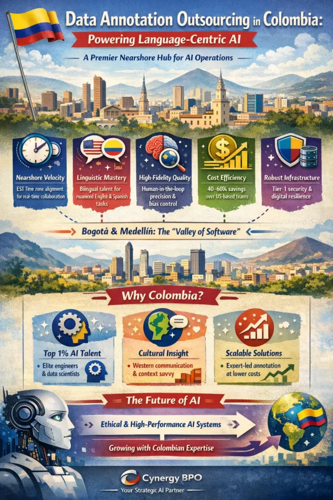 Data Annotation Outsourcing Colombia infographic highlighting nearshore AI advantages including bilingual talent, real-time collaboration, 40–60% cost savings, human-in-the-loop quality control, and SOC2-certified infrastructure in Bogotá and Medellín.