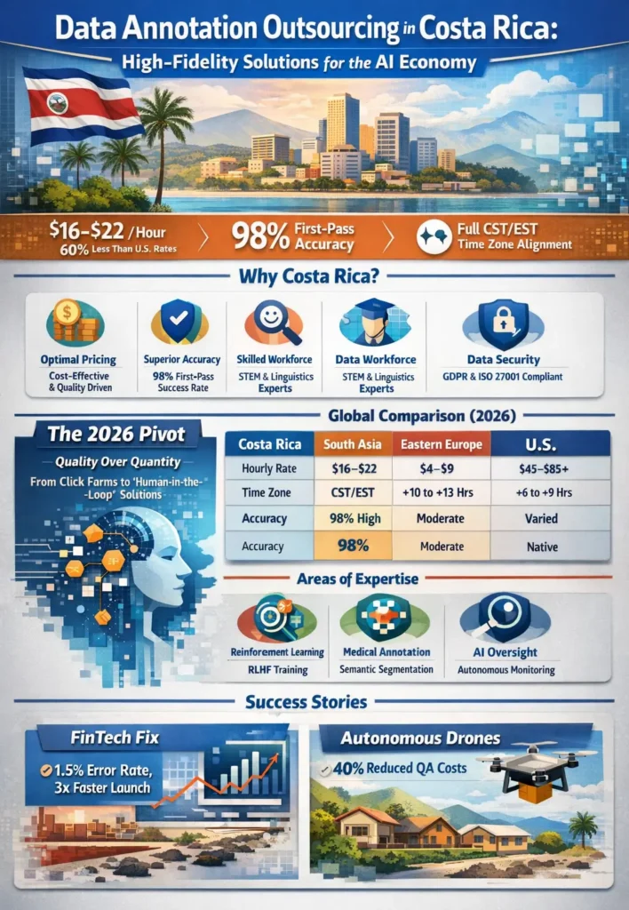 Infographic showing data annotation outsourcing in Costa Rica, highlighting $16–$22 hourly rates, 98% first-pass accuracy, real-time CST/EST alignment, STEM-educated workforce, GDPR-equivalent data security, and AI use cases like RLHF, medical imaging, and autonomous systems.