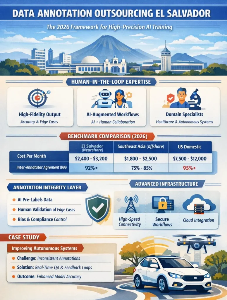 Data annotation outsourcing in El Salvador infographic showing 2026 framework for high-precision AI training, including HITL workflows, benchmark comparison, infrastructure, and autonomous systems case study.