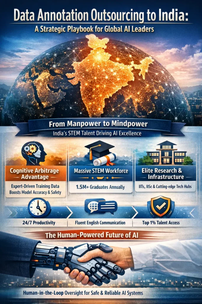 Infographic titled “Data Annotation Outsourcing to India: A Strategic Playbook for Global AI Leaders,” highlighting India’s cognitive arbitrage advantage, massive STEM talent pool, elite research institutions like IIT and IISc, 24/7 productivity, English-fluent workforce, and the human-in-the-loop model shaping the future of safe and reliable AI systems.