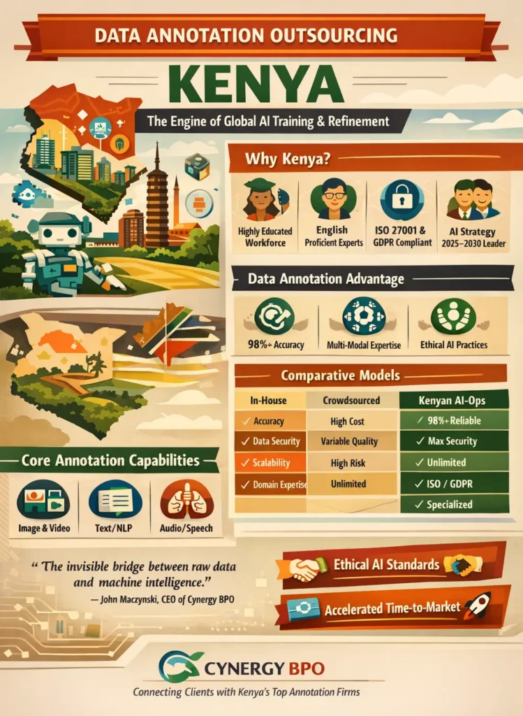 Infographic titled “Data Annotation Outsourcing Kenya: The Engine of Global AI Training & Refinement,” highlighting Kenya’s strengths in high-accuracy (98%+), multi-modal data annotation (image, text, audio, 3D), ethical AI practices, and ISO 27001/GDPR-compliant operations, with a comparison showing Kenyan AI-Ops outperforming in-house and crowdsourced models in scalability, security, and consistency.